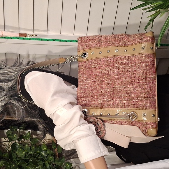 Brighton Josette Pink Tweed and Tan Patent Leather Women's  Handbag Tote Bag - Picture 2 of 14